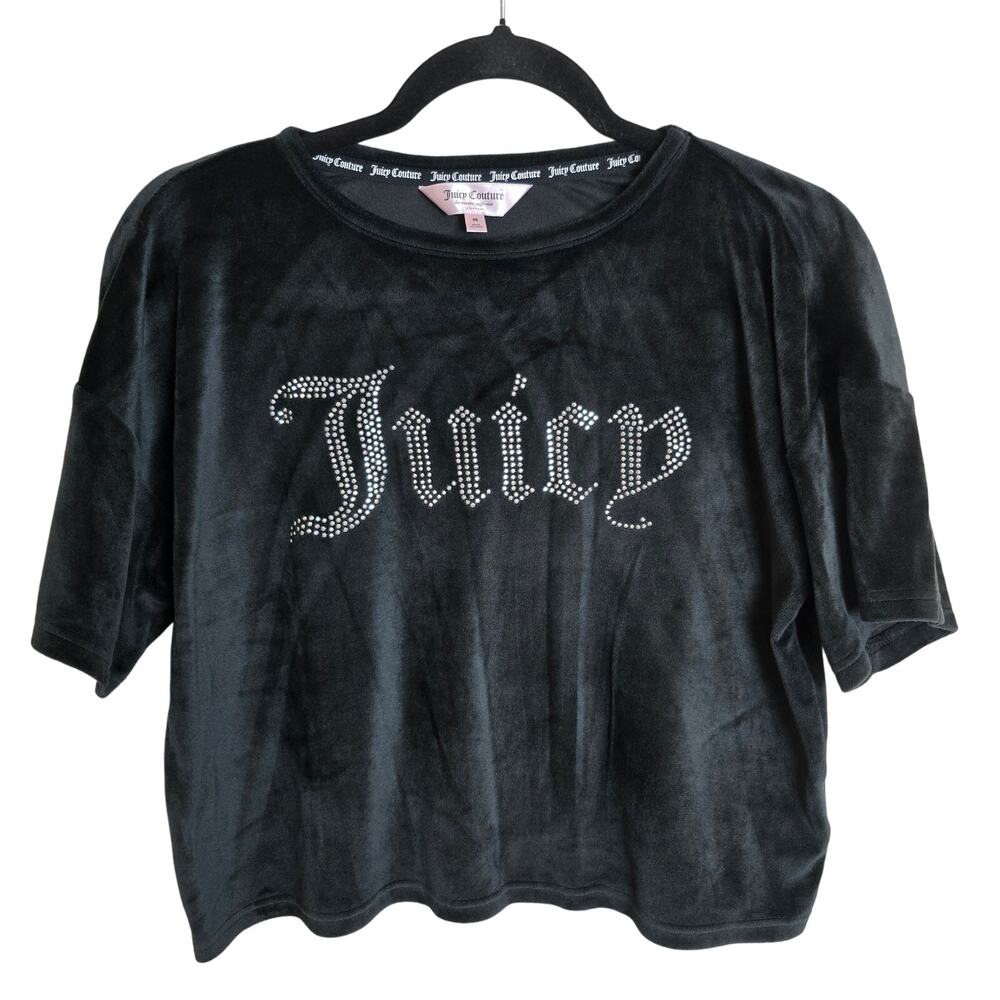 Juicy Couture Rhinestone Fleece Crop Top Size Medium Black